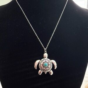 NEW Silver Turtle Pendant Necklace with Turquoise Accent - Women Jewelry